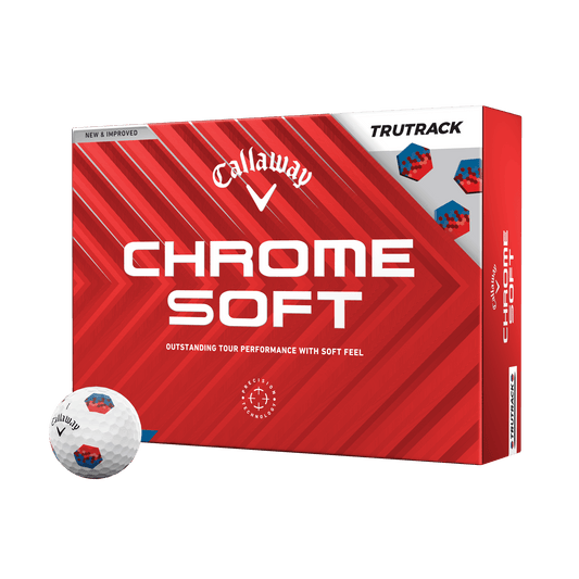 Callaway Chrome Soft TruTrack 12-ball box with blue and red TruTrack golf ball