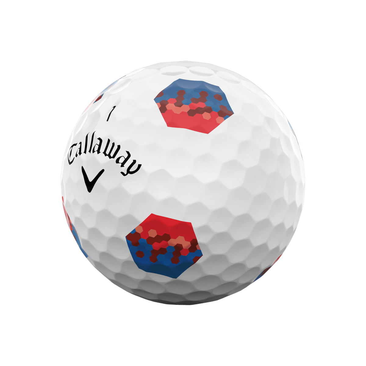 Side view of Callaway Chrome Soft TruTrack golf ball with blue and red hexagon pattern