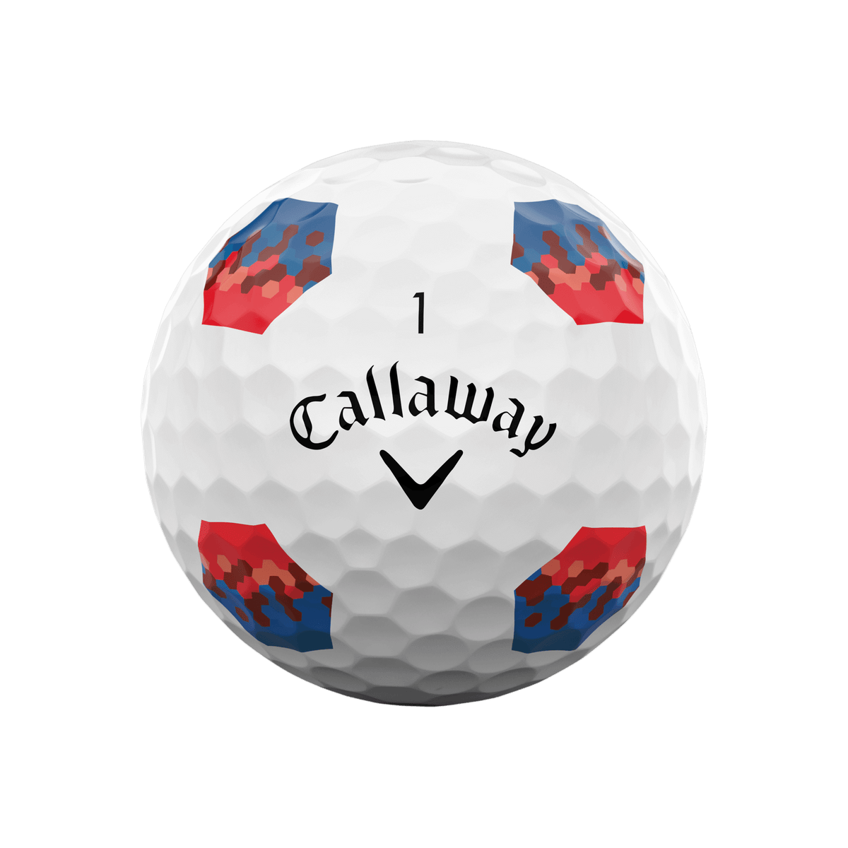 Front of Callaway Chrome Soft TruTrack golf ball with Callaway logo and blue and red TruTrack hexagons