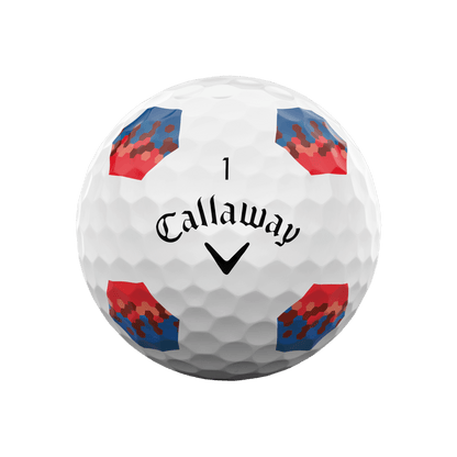 Front of Callaway Chrome Soft TruTrack golf ball with Callaway logo and blue and red TruTrack hexagons