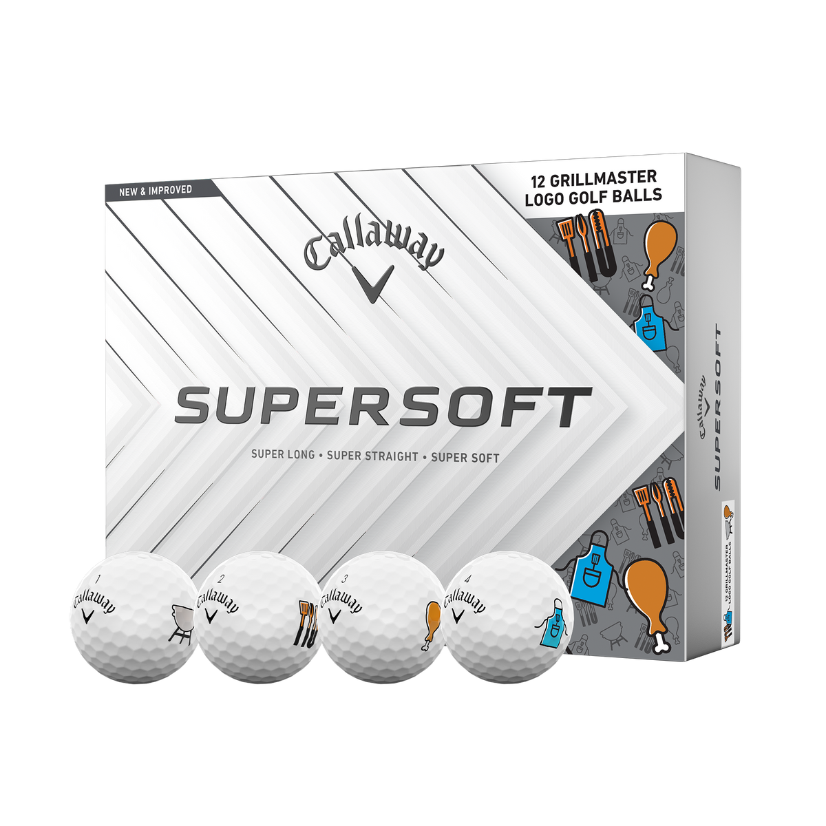 Callaway Supersoft Grillmaster 12-ball box with four BBQ-design golf balls