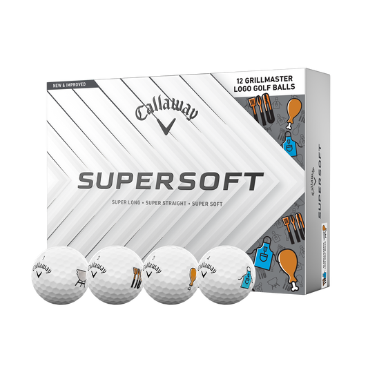Callaway Supersoft Grillmaster 12-ball box with four BBQ-design golf balls