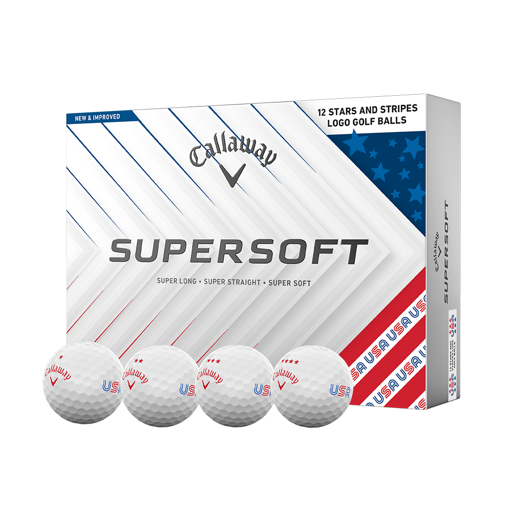 Callaway Supersoft Stars and Stripes 12-ball box with four golf balls
