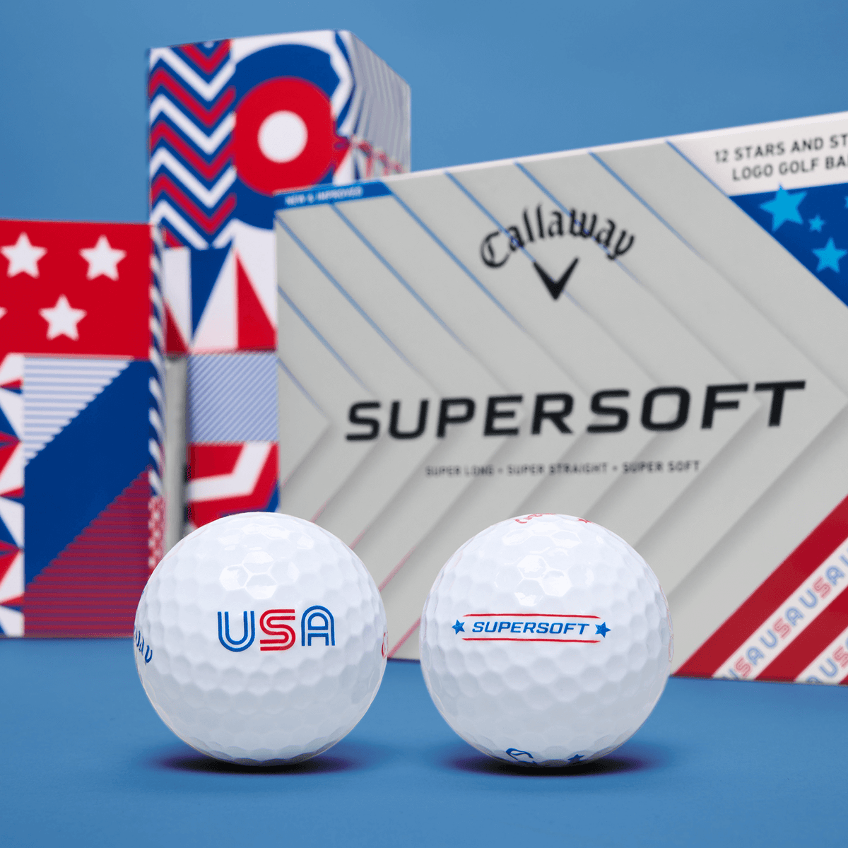 Callaway Supersoft Stars and Stripes golf balls and box on a red, white and blue background