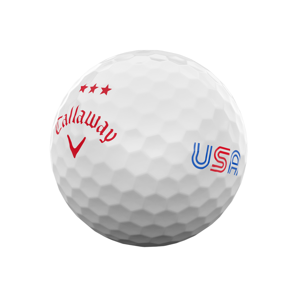 Side view of Callaway Supersoft Stars and Stripes golf ball with three stars and USA stamp