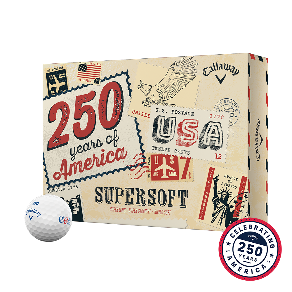 Callaway Supersoft USA 250 12-ball box with 250 Years of America design and Celebrating 250 Years badge