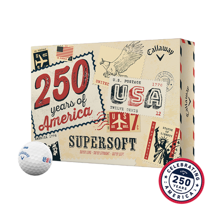 Callaway Supersoft USA 250 12-ball box with 250 Years of America design and Celebrating 250 Years badge