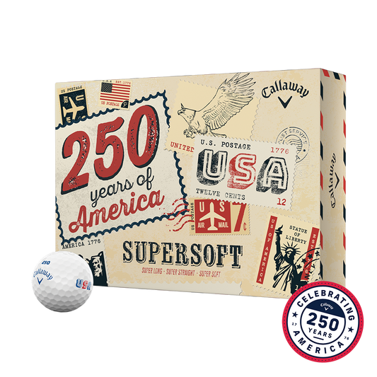 Callaway Supersoft USA 250 12-ball box with 250 Years of America design and Celebrating 250 Years badge