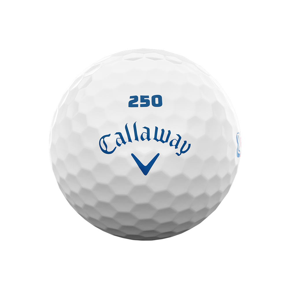 Front of Callaway Supersoft USA 250 golf ball with blue 250 number and Callaway logo