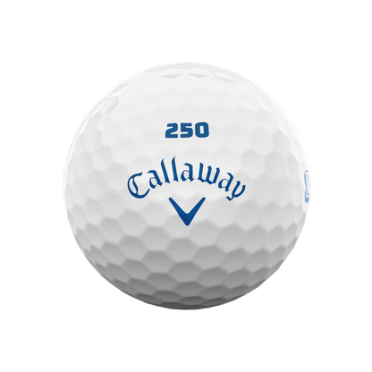 Front of Callaway Supersoft USA 250 golf ball with blue 250 number and Callaway logo