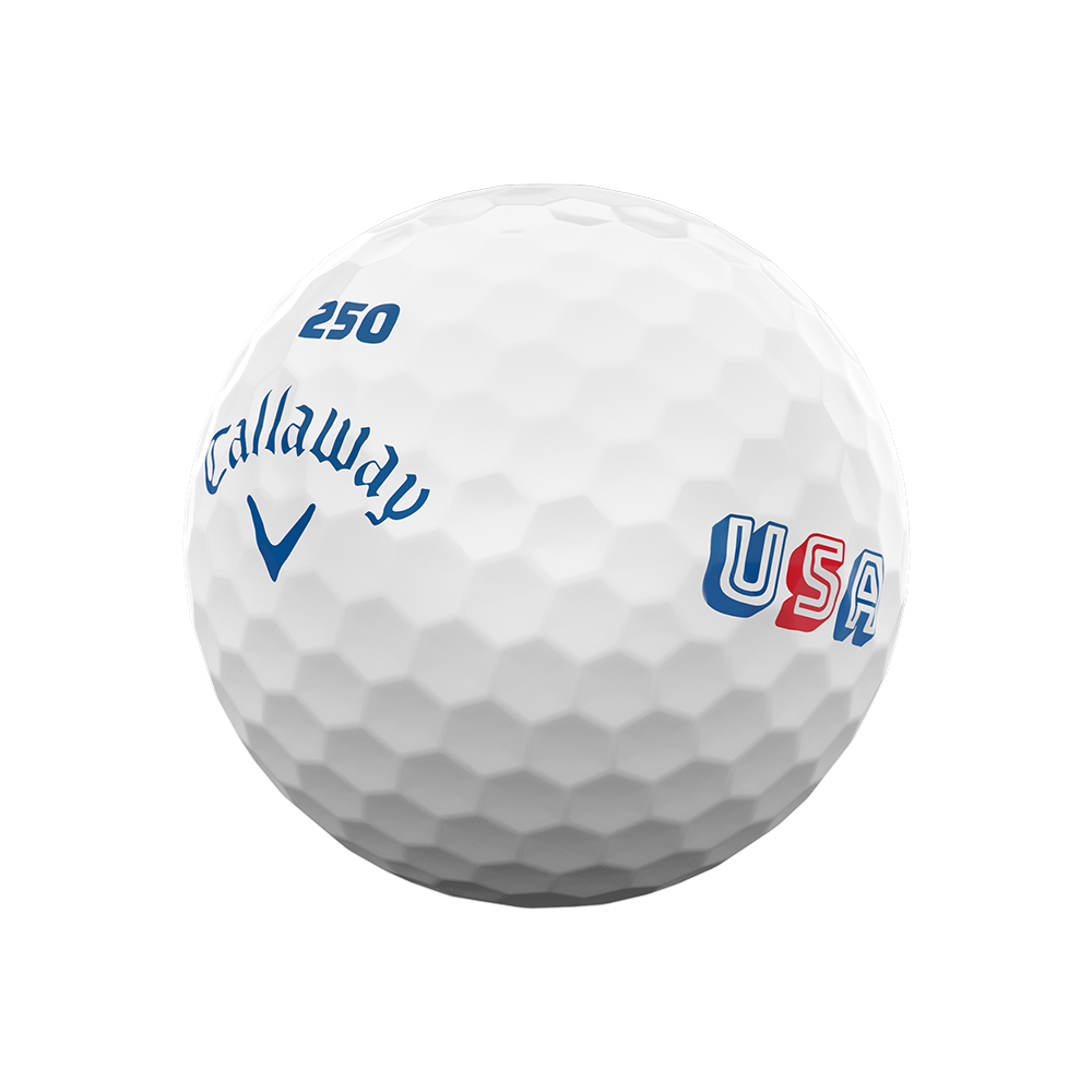 Side view of Callaway Supersoft USA 250 golf ball with red, white and blue USA stamp
