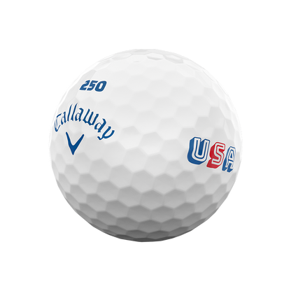 Side view of Callaway Supersoft USA 250 golf ball with red, white and blue USA stamp