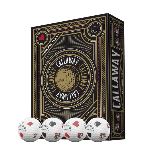 Callaway Chrome Tour Suits 12-ball box with playing card design and four golf balls