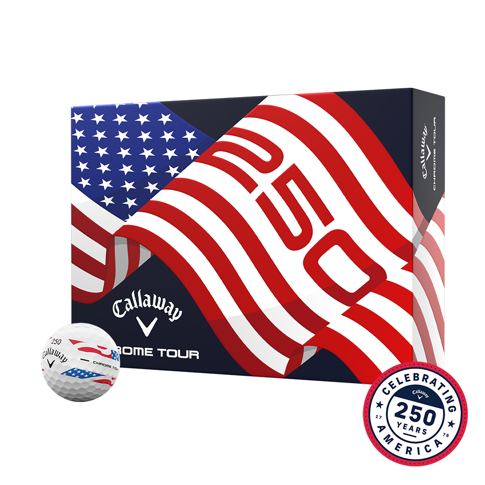 Callaway Chrome Tour USA Stripe 12-ball box with American flag design and Celebrating 250 Years badge