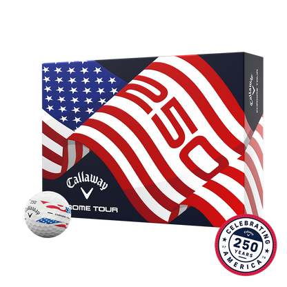 Callaway Chrome Tour USA Stripe 12-ball box with American flag design and Celebrating 250 Years badge