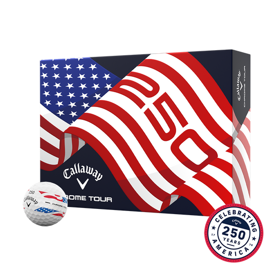 Callaway Chrome Tour USA Stripe 12-ball box with American flag design and Celebrating 250 Years badge