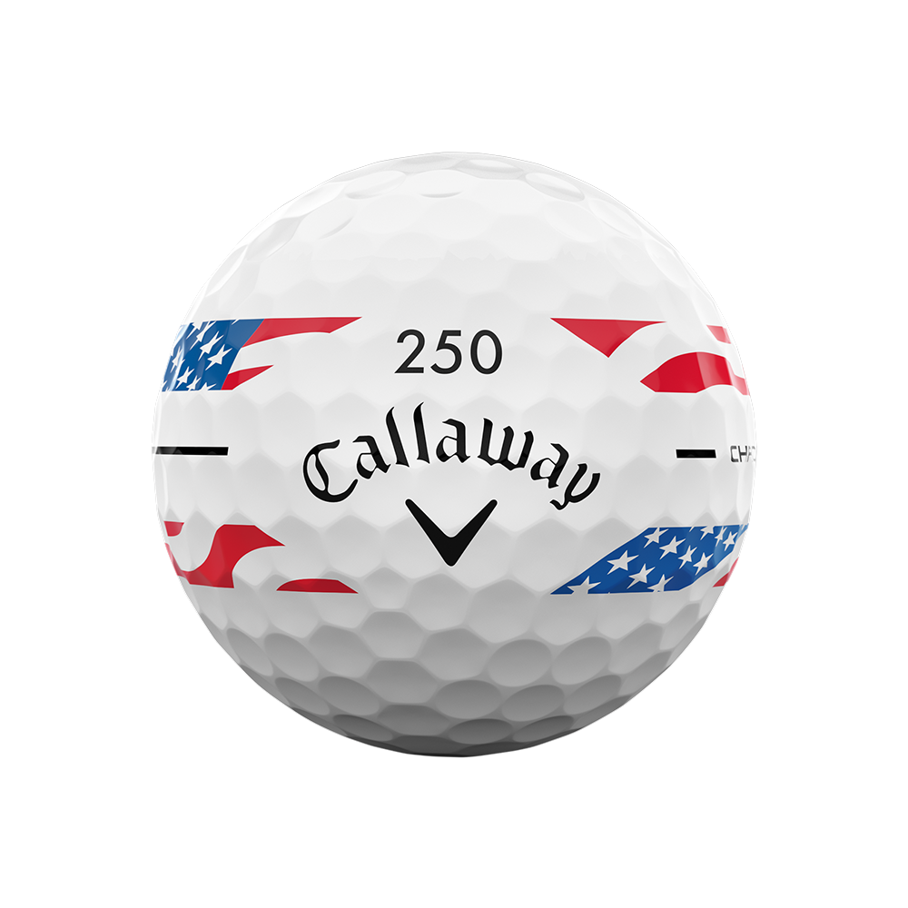 Callaway Chrome Tour USA Stripe golf ball with red, white and blue flag stripe and 250 number