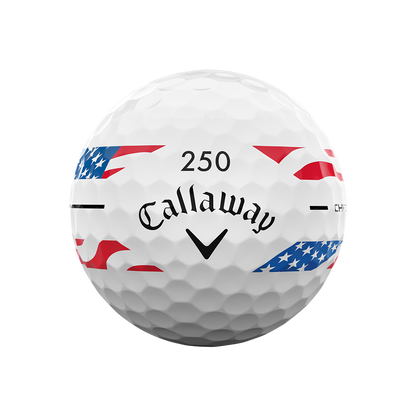 Callaway Chrome Tour USA Stripe golf ball with red, white and blue flag stripe and 250 number