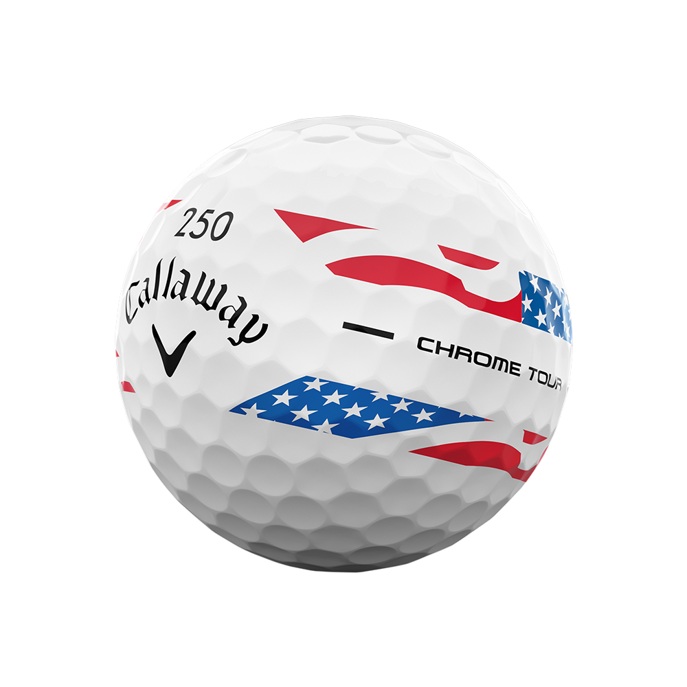 Side view of Callaway Chrome Tour USA Stripe golf ball showing alignment line and Chrome Tour sidestamp