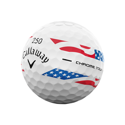 Side view of Callaway Chrome Tour USA Stripe golf ball showing alignment line and Chrome Tour sidestamp