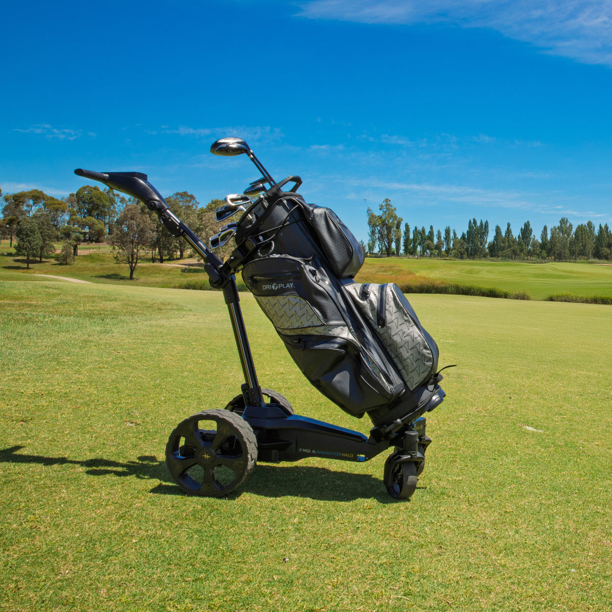 MGI Ai Navigator HALO GPS Remote Electric Golf Cart on the golf course