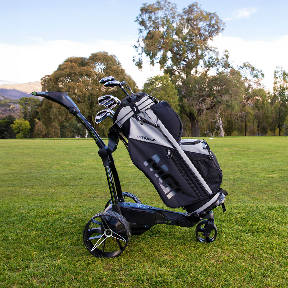 MGI Ai 500 GPS Electric Golf Push Cart on the golf course