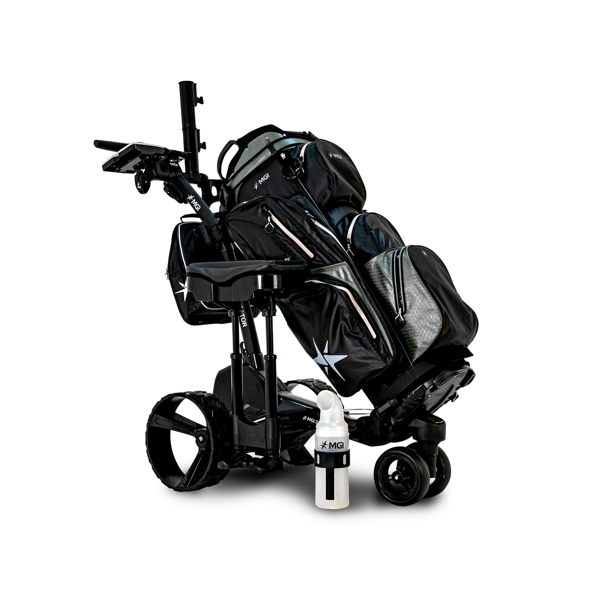 MGI Zip Navigator Remote Control Electric Golf Cart with accessories and golf bag