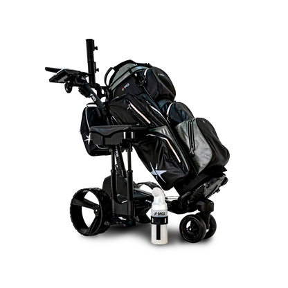 MGI Zip Navigator Remote Control Electric Golf Cart with accessories and golf bag