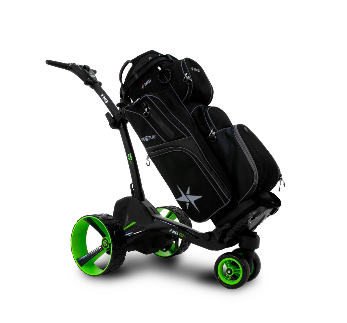 MGI Zip X5 Electric Golf Push Cart with golf bag