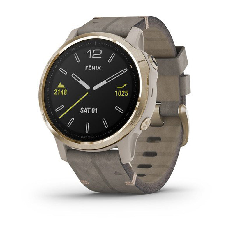 Garmin Fenix 6S Pro Multisport GPS Watch - Sapphire - Light Gold with Shale Gray Leather Band